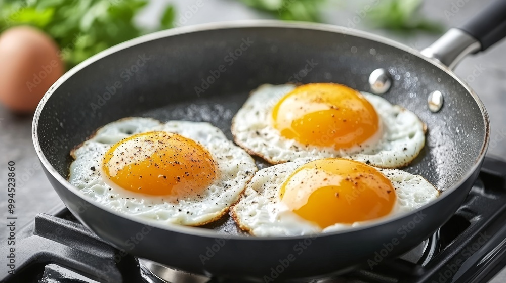 Eggs cooking on a stovetop, featuring breakfast Eggs cooking on a stovetop, featuring breakfast