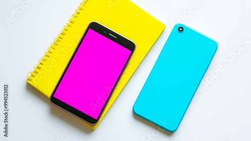 Bright Turquoise Phone Next to a Phone with a Glowing Pink Screen and Yellow Notebook on a White Surface for Unanswered Calls Concept photo