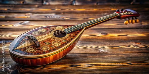 Traditional Turkish Baglama Musical Instrument on a Rustic Wooden Table with Natural Lighting photo