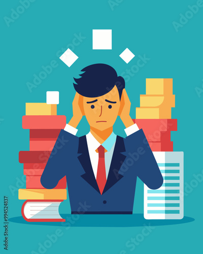 A picture of a businessman holding his head in his hands surrounded by stacks of paperwork labeled with different currencies symbolizing the financial burden of a global economic. Vector illustration