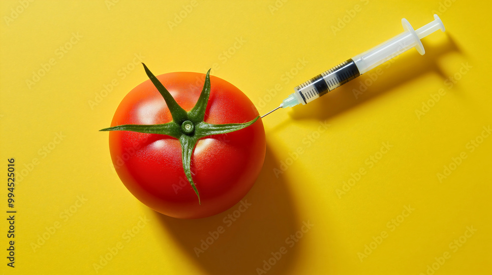 Tomato injecting with medical needle or syringe, genetic modification experiment, organic vegetable under scientific scrutiny, GMO food research concept, biotechnology in agriculture Tomato injecting with medical needle or syringe, genetic modification experiment, organic vegetable under scientific scrutiny, GMO food research concept, biotechnology in agriculture