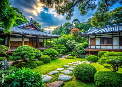 Tranquil Chiran Samurai Residence Garden with Lush Greenery and Traditional Japanese Architecture photo