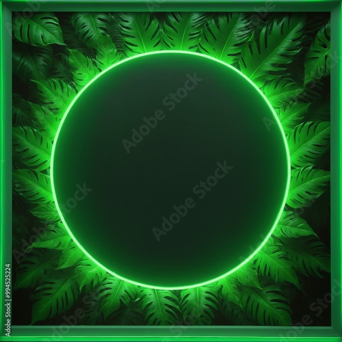 glowing neon green circle frame surrounded by vibrant tropical leaves, merging natural beauty with modern design in an eye-catching, eco-inspired visual.