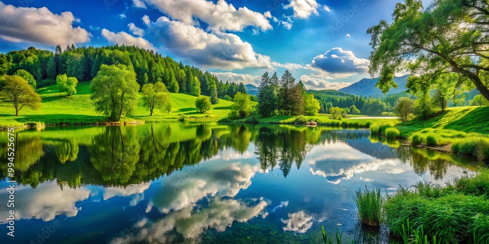 Fototapeta premium Tranquil Green Landscape for Introspection and Reflection Amidst Nature's Calming Serenity