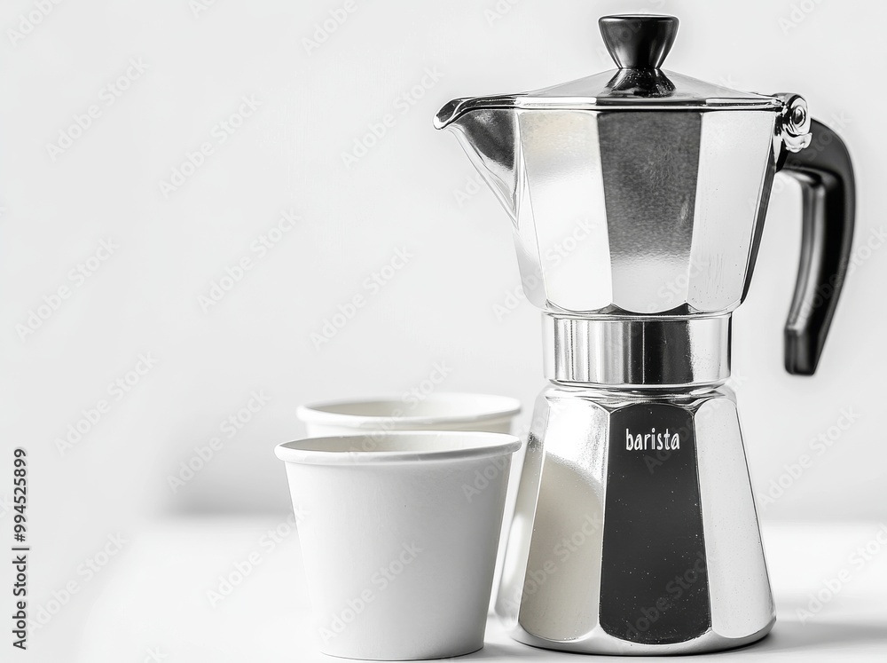 There is a big silver coffee pot on the table with cups to take out. There is a space for copying. There is a big silver coffee pot on the table with cups to take out. There is a space for copying.