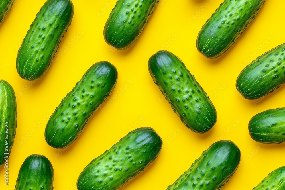 A pattern of cucumbers on a colored background, with cucumbers with flowers on the ends. A food background with cucumbers. A pattern of cucumbers on a colored background, with cucumbers with flowers on the ends. A food background with cucumbers.