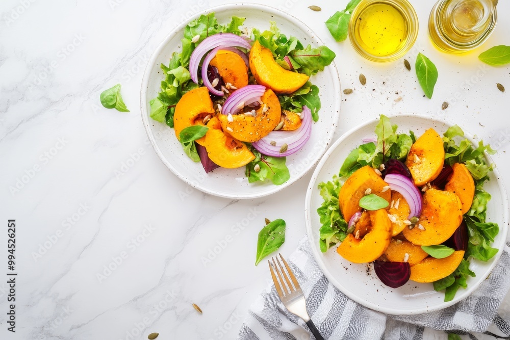 Salad of baked pumpkin and beets with arugula and seeds on a marble table. Healthy vegan cuisine for everyone. Salad of baked pumpkin and beets with arugula and seeds on a marble table. Healthy vegan cuisine for everyone.