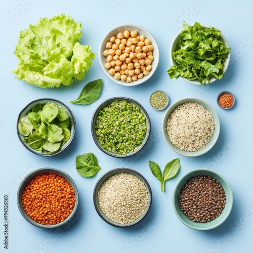 Seed cereals, beans, green vegetables, and vegetarian food in a set