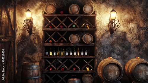 Wallpaper Mural A farmhouse wine cellar with racks made of old barrels, filled with a variety of wines, and lit by wrought iron sconces Torontodigital.ca