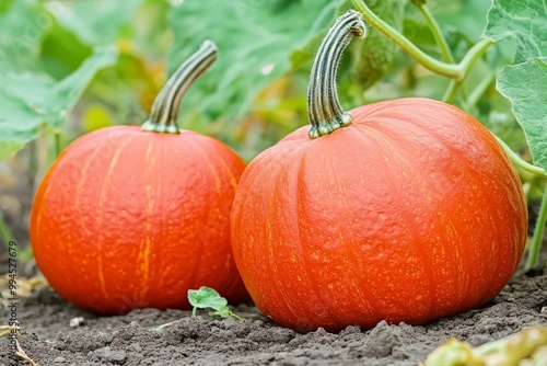 Wallpaper Mural Closeup view of two orange biological pumpkins in the vegetable garden Torontodigital.ca