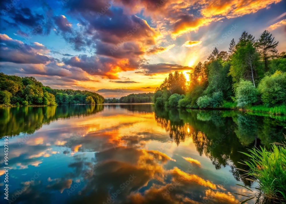 Fototapeta premium Tranquil Sunset Over Serene Lake Surrounded by Lush Green Trees and Reflections on Water Surface