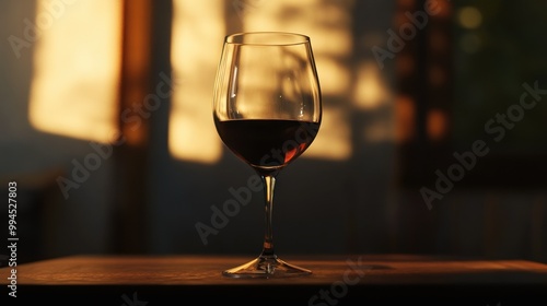 A Glass of Red Wine on a Wooden Table with Warm Lighting