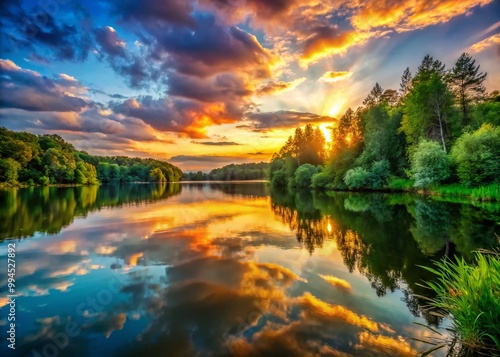 Tranquil Sunset Over Serene Lake Surrounded by Lush Green Trees and Reflections on Water Surface