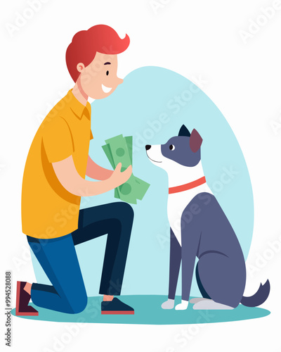 A pet sitter agrees to take care of a friends dog in exchange for help with their taxes.. Vector illustration