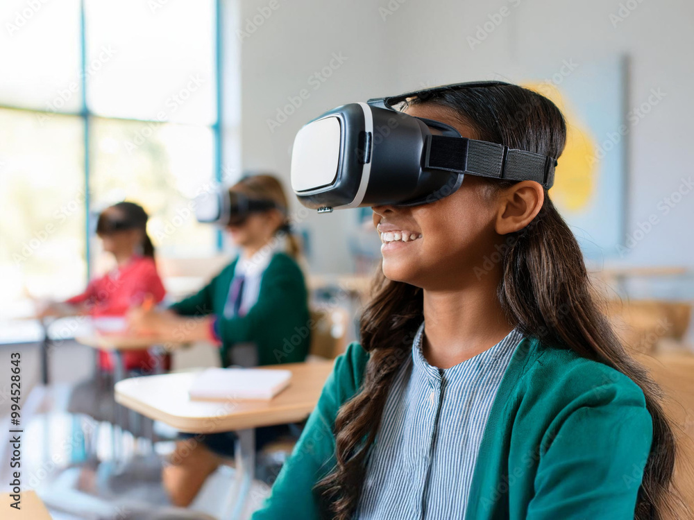 School student with VR headset using AI artificial intelligence technology & machine learning.Interactive technology in classroom. Innovation & smart tech. School student with VR headset using AI artificial intelligence technology & machine learning.Interactive technology in classroom. Innovation & smart tech.