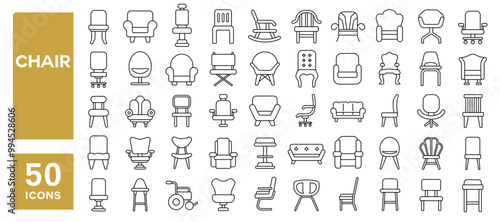 Set of 50 line icons related to chair, couch, lounge, interior, decorate, sofa, arm, stool, seat, armchair, Editable stroke. Vector illustration