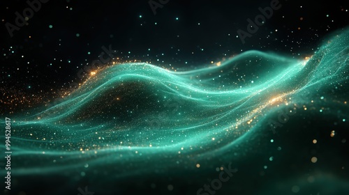 Abstract Green Waves With Glowing Particles In A Dark Space