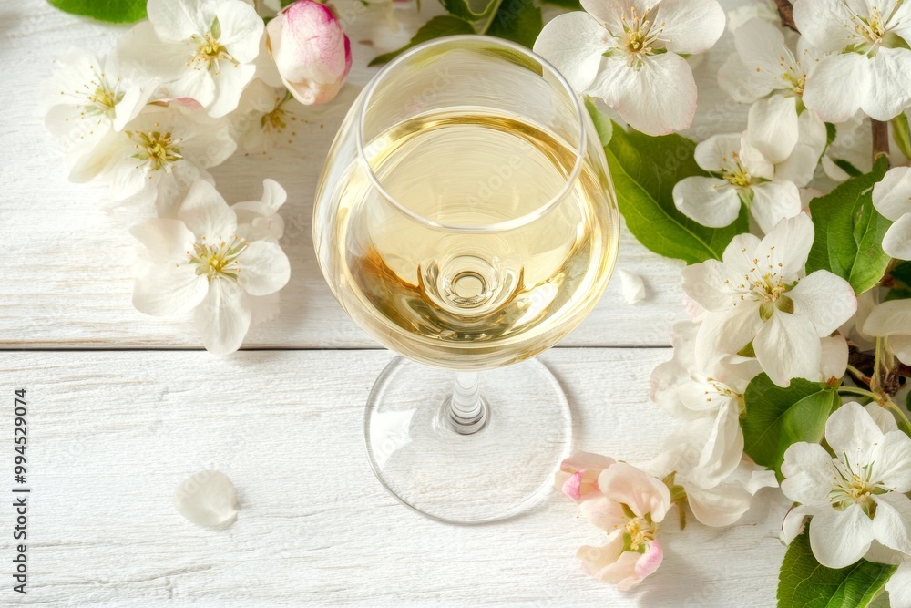 A white wooden table is adorned with a rose wine glass, apple branches, and pink flowers A white wooden table is adorned with a rose wine glass, apple branches, and pink flowers