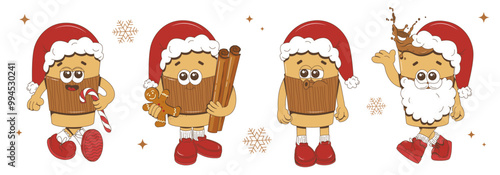 Trendy groovy Christmas coffee characters in retro style. Different coffee cup poses.Merry Christmas and Happy New Year. Vector Illustration.