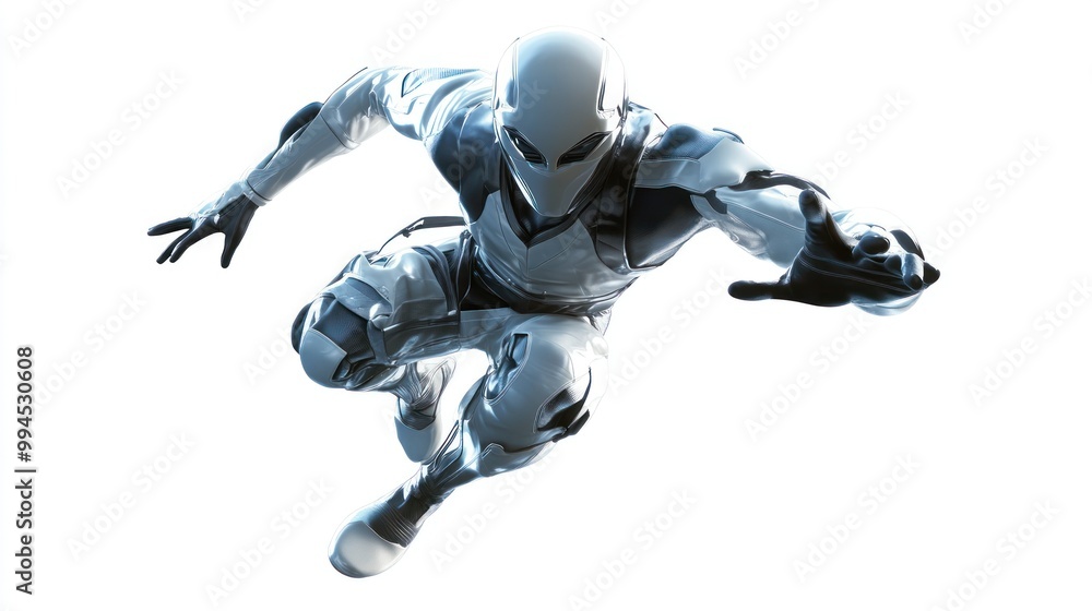 A futuristic, white-clad, masked figure leaping forward A futuristic, white-clad, masked figure leaping forward