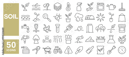 Set of 50 line icons related to soil, ground, compost, land, plant, root, layer, organic, seeds, sprout, agriculture, drought, growth, Editable stroke. Vector illustration