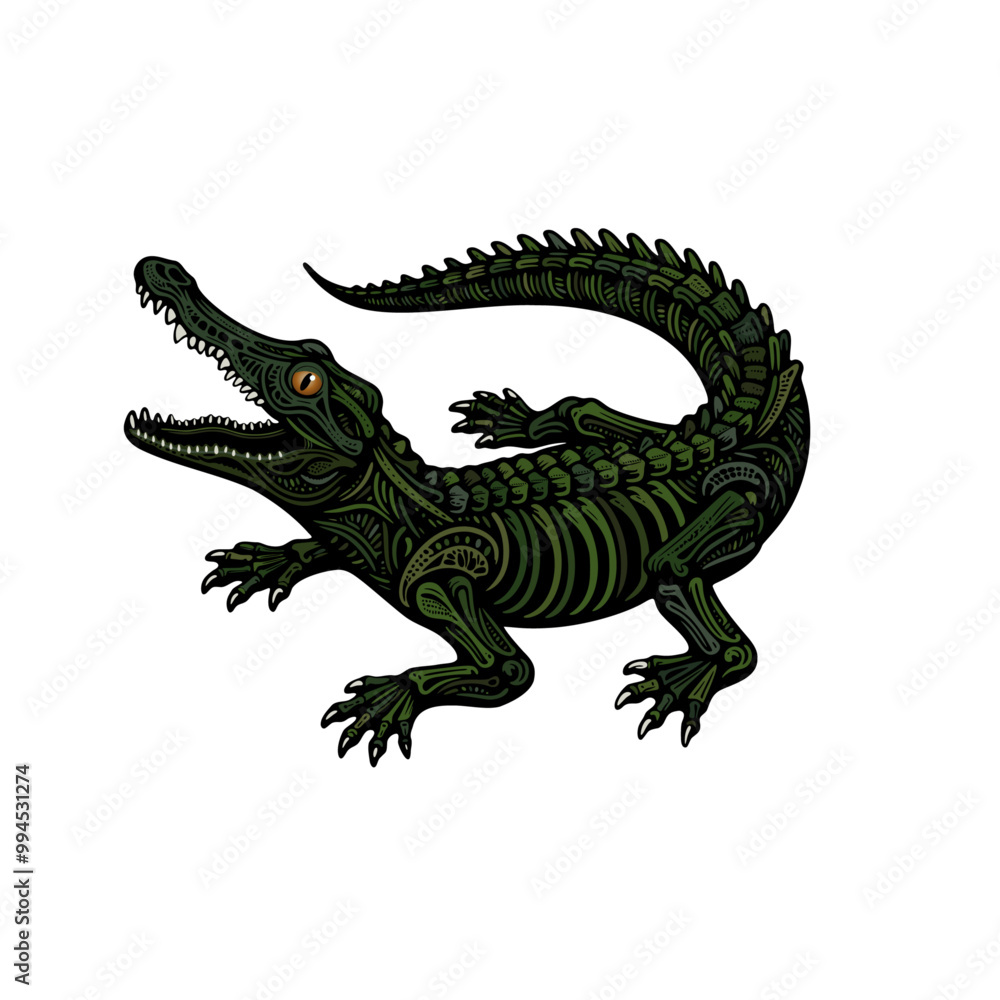 Vector of a black line art skeleton crocodile, in a green color, isolated on a white background. Vector of a black line art skeleton crocodile, in a green color, isolated on a white background.