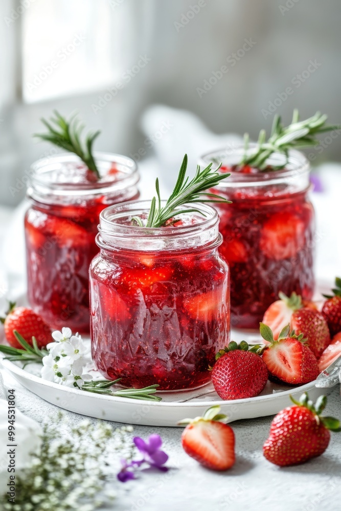 On the window sill are jars of strawberry jam, strawberries on a linen towel, and flowers in a vase. On the window sill are jars of strawberry jam, strawberries on a linen towel, and flowers in a vase.