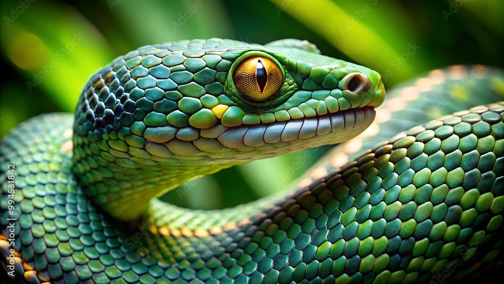 The striking green snake showcases its intricate scales and vibrant yellow eye as it relaxes among the lush greenery, capturing the essence of its habitat The striking green snake showcases its intricate scales and vibrant yellow eye as it relaxes among the lush greenery, capturing the essence of its habitat