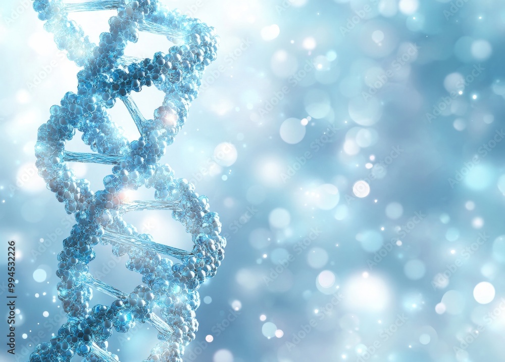 Abstract DNA strand on a glowing blue background with space for copy, representing science and genetics in a futuristic digital environment Abstract DNA strand on a glowing blue background with space for copy, representing science and genetics in a futuristic digital environment