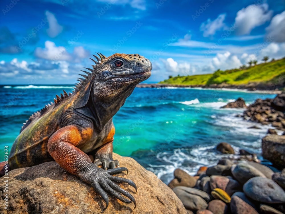 Fototapeta premium Unique Galapagos Marine Iguana basking on a rocky shore under the clear blue sky of the islands