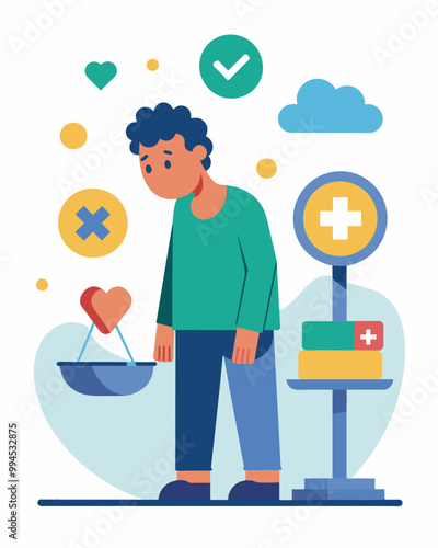 A person with chronic health issues struggles to cover the cost of medication and treatments often choosing between their health and financial stability.. Vector illustration