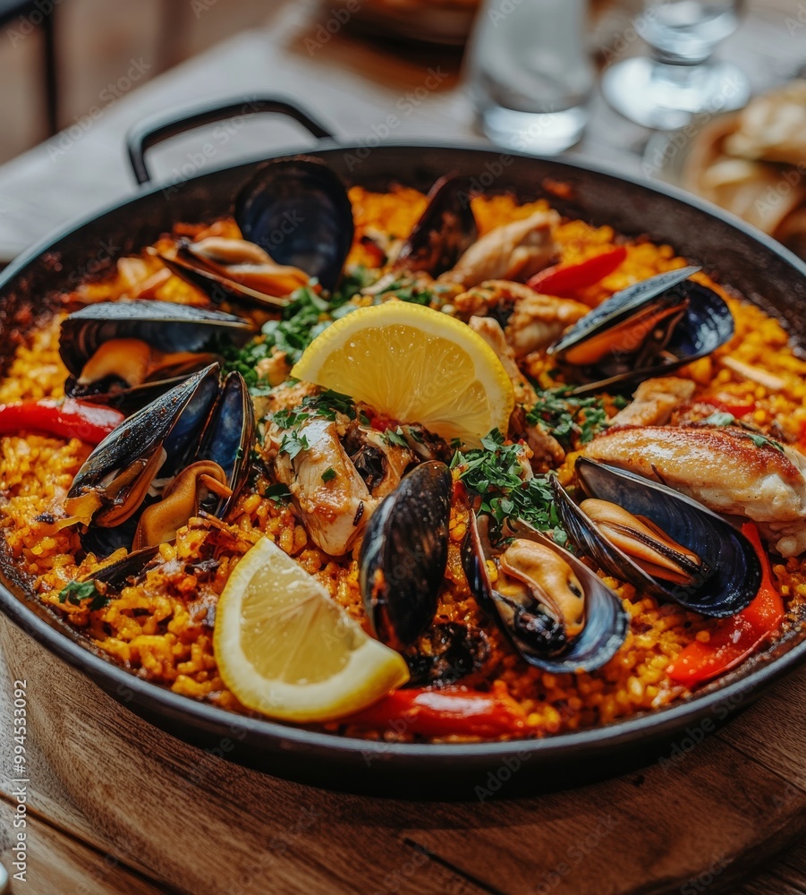 Paella valenciana classic with rice, chicken, and seafood Paella valenciana classic with rice, chicken, and seafood