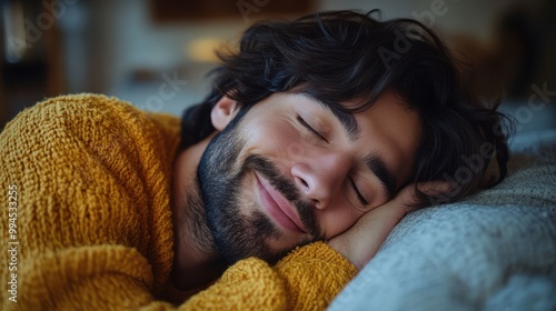 Man peacefully sleeping with a content smile on his face, wearing a cozy yellow sweater, relaxed indoor environment, comfortable rest, soft lighting, serene and calm moment. photo