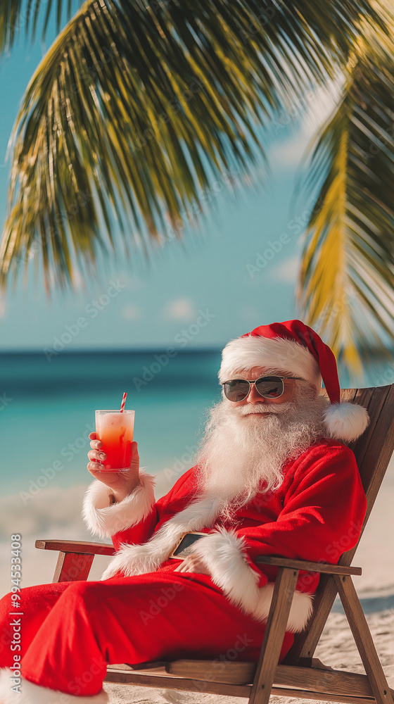 Obraz premium Santa Claus relaxing on tropical beach with a cocktail under palm trees