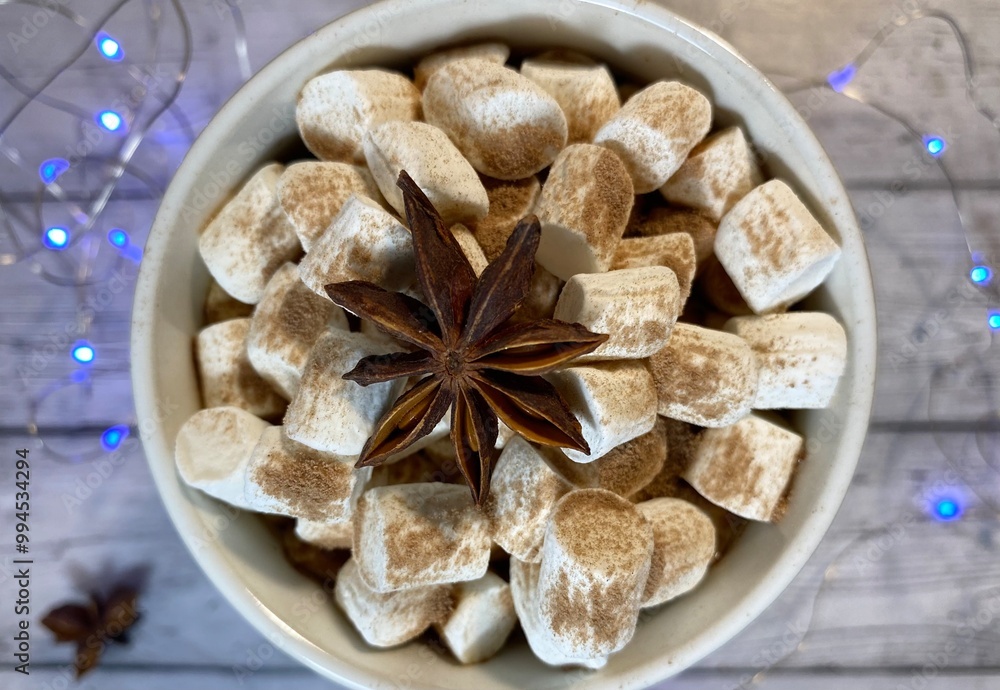 Cozy winter photo with coffee and marshmallow and garland christmas new year holiday home Cozy winter photo with coffee and marshmallow and garland christmas new year holiday home