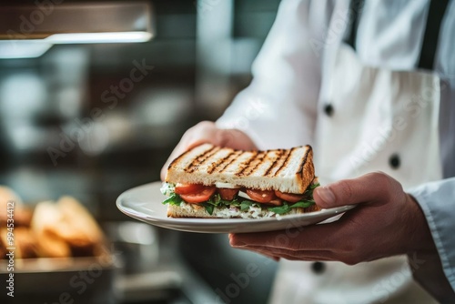 Wallpaper Mural An artistic plate holds a toasted sandwich presented by a chef Torontodigital.ca