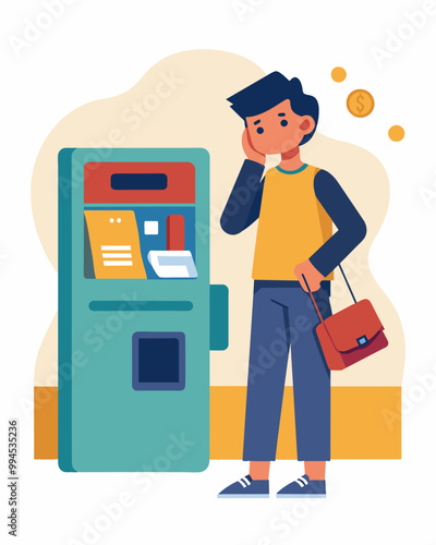 A person stands in front of an ATM their wallet empty and their expression frustrated.. Vector illustration