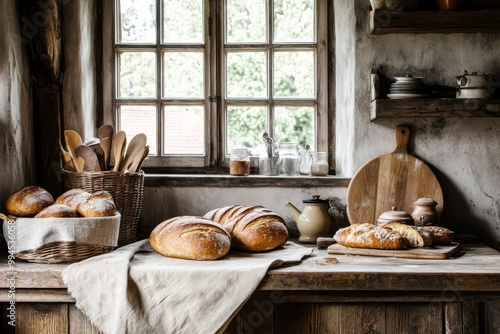 On a rustic kitchen counter, freshly baked sourdough bread and pastries photo