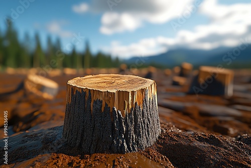 A hyper-realistic shot of a deforested landscape, with detailed stumps and exposed soil in sharp focus photo