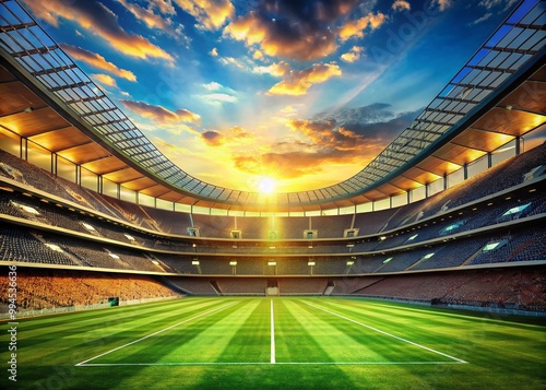 Vast football stadium captured during a sunny day showcasing vibrant green field and empty stands