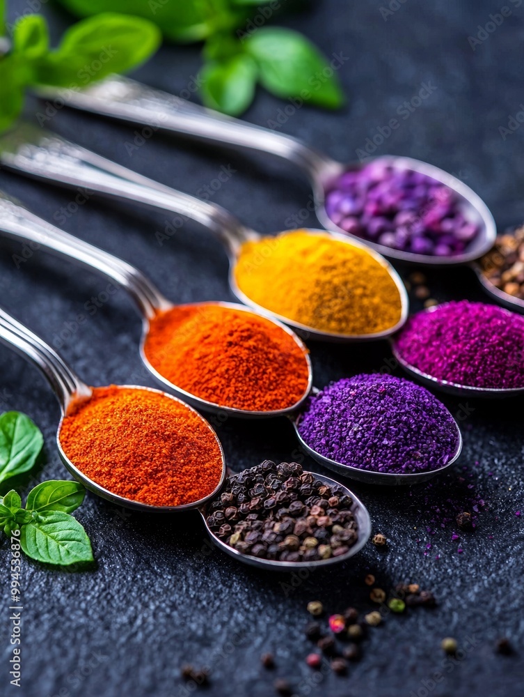 Colorful spices in spoons on a black slate background. Colorful spices in spoons on a black slate background.