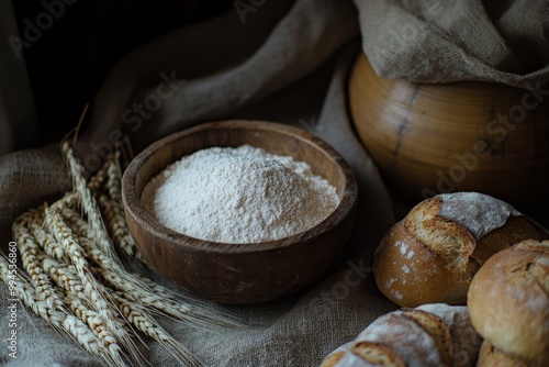 Bakery banner, fresh homemade bread, ears of corn and flour in a wooden bowl