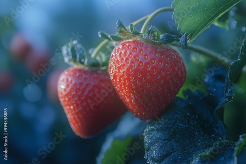 A close-up of a strawberry growing in a summer garden photo