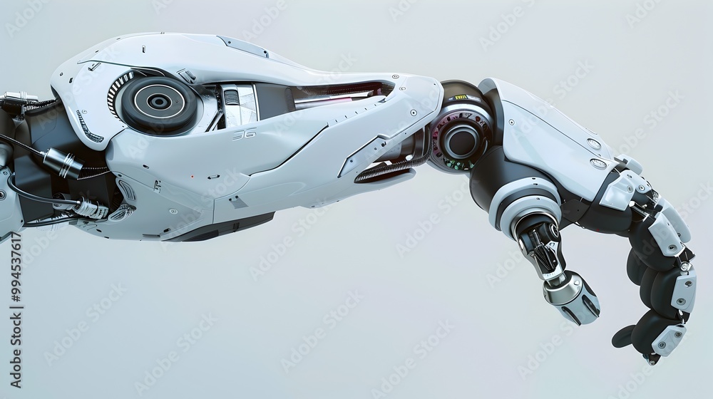 A close-up view of a Minimalist 3D Rendered Robotic Arm on a Plain Background A close-up view of a Minimalist 3D Rendered Robotic Arm on a Plain Background
