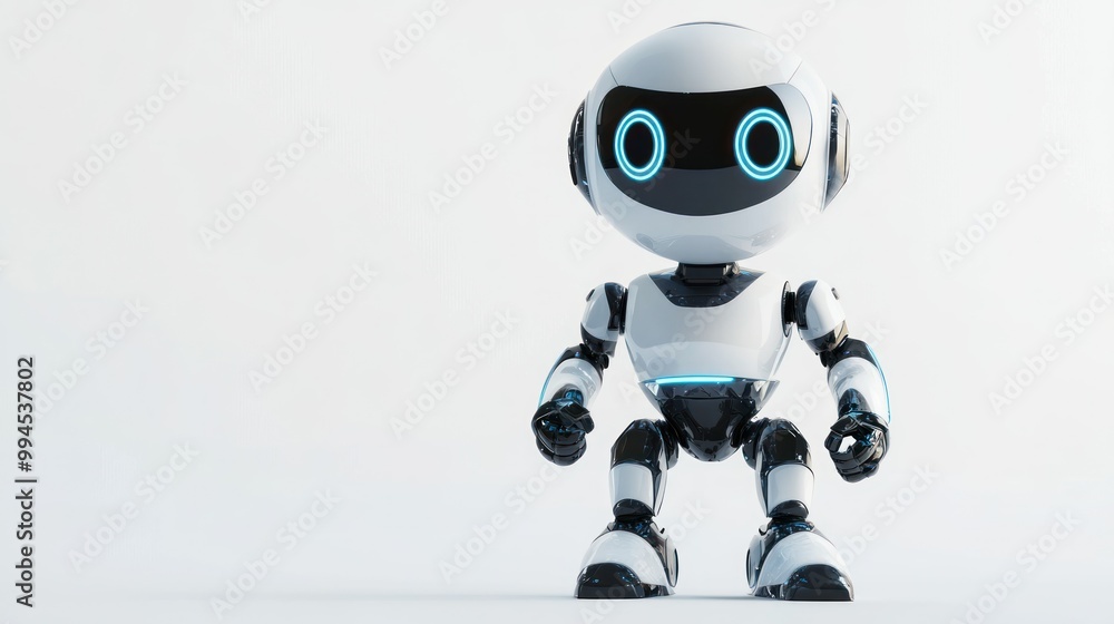 A White and Black Robot with Blue Eyes Stands on a White Background A White and Black Robot with Blue Eyes Stands on a White Background