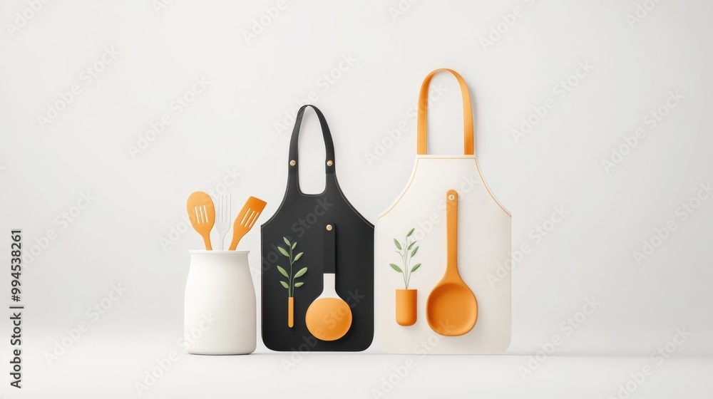 Modern Kitchen Utensils and Aprons in Stylish Display Modern Kitchen Utensils and Aprons in Stylish Display