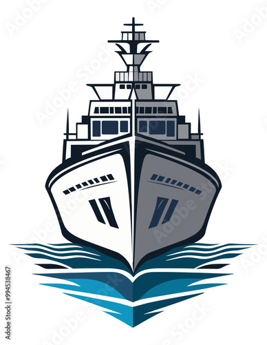Cruise ship with ocean waves, front view illustration. Cruise vacation and travel at sea.
