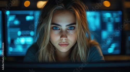 Close-up portrait of young woman with intense blue eyes in front of glowing computer screens. Cyber security professional, technology expert, futuristic work environment, digital innovation.