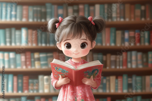 A cute baby girl wearing a pink and orange top, standing in front of bookshelves at the bookstore with books everywhere. Library, bookmarket. photo