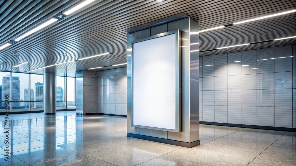 Empty advertising lightbox standing in spacious hall with grey tiled walls and shiny floor Empty advertising lightbox standing in spacious hall with grey tiled walls and shiny floor
